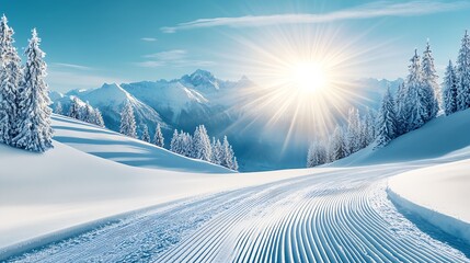 Aufkleber - Idyllic Snowy Mountain Landscape with Bright Sunlight and Frosted Trees : Generative AI