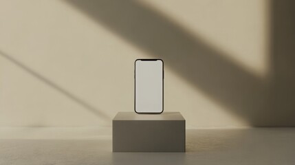 Aufkleber - A sleek smartphone stands on a simple pedestal in a well-lit space, casting soft shadows from nearby sources of light, creating an elegant and modern aesthetic that highlights its design.