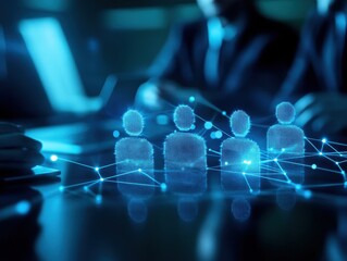 Aufkleber - A digitally enhanced image depicting silhouettes of people with network connections, representing teamwork and technology in a business setting.