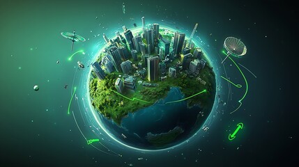 Aufkleber - Futuristic Green City on a Floating Earth with Technology Elements : Generative AI