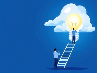 Poster - A person climbs a ladder reaching for a bright light bulb in the clouds, symbolizing inspiration and innovation against a blue background.