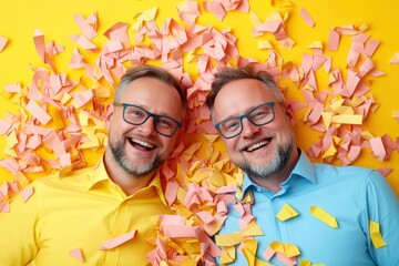 Two smiling men laying on colorful confetti against a bright yellow background, radiating joy and playfulness.