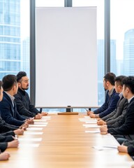 Aufkleber - A group of professionals engages in a meeting around a conference table, facing a blank presentation board in a modern office setting.