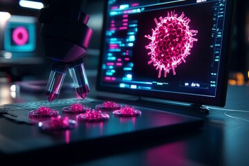 Aufkleber - A cyberpunk-inspired stem cell lab with neon-lit petri dishes, holographic screens displaying cells differentiating into neurons and blood cells, capturing the gritty, high-tech potential of