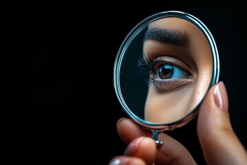 Poster - A dark room where a person is holding a mirror that reflects only their face, with nothing behind them, emphasizing the solipsistic view of oneâ€™s own mind as the only truth, symbolizing isolation