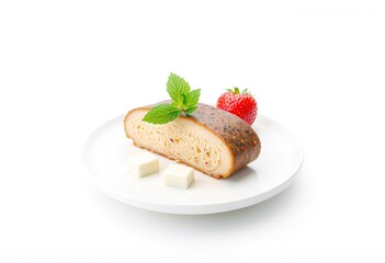 A slice of cake on a white plate with two small squares of white chocolate and a strawberry.