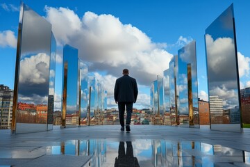 Poster - A fantastical realm where a lone figure walks through an endless field of mirrors, each showing only their face, capturing the mystical solitude of solipsism, symbolizing wonder and introspection