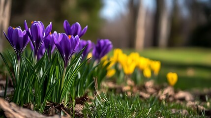 Poster - Close-Up of Purple and Yellow Crocus Flowers in a Sunlit Spring Garden : Generative AI