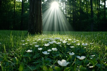 Poster - A meadow with morning mist and light streaming over wildflowers and grasses, capturing the peaceful reverence for nature in pantheistic beliefs, symbolizing tranquility and life