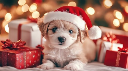 A fluffy puppy wearing a Santa hat, surrounded by holiday gifts and twinkling lights, capturing the cuteness and joy of the holiday season.