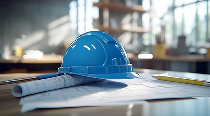 Poster - Blue Construction Helmet and Architectural Blueprints on Wooden Table in Office Environment : Generative AI