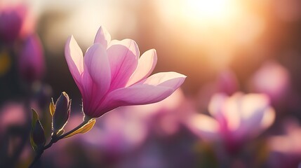 Poster - Serene Magnolia Blossom at Golden Hour in Lush Garden Setting Captured in Soft Sunset Light : Generative AI