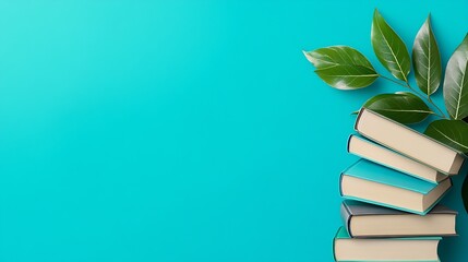 Poster - Books with Leaf Decoration Against Turquoise Background for Reader Inspiration : Generative AI