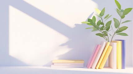 Poster - Minimalist Home Decor with Stylized Books and Potted Plant in Bright Sunlight : Generative AI