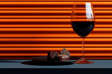 Minimalist illustration of a glass of wine and a small plate with chocolates, capturing the simple and refined pleasure associated with hedonism, symbolizing simplicity and taste