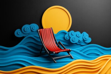 Poster - Simple geometric design showing a beach chair under the sun with gentle waves in the background, capturing the peaceful pleasure of relaxation in a minimalist style, symbolizing calm and leisure