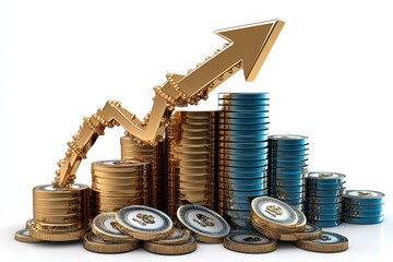 Poster - a 2D cartoon illustration of a bar chart with a gold arrow moving up successful growth white background