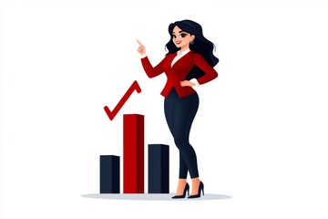 Poster - a 2D cartoon illustration of a businesswoman pointing at a bar graph of growth focused and successful white background