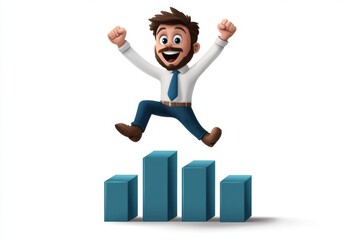 Poster - a 2D cartoon illustration of a financial bar chart with increasing returns success in business white background