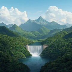 A serene landscape featuring a magnificent waterfall flowing into a lush valley surrounded by majestic mountains and clear blue skies.