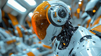 Poster - Humanoid robot with an orange helmet stands amidst a futuristic factory, symbolizing advanced robotics and automation in industry