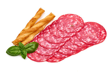 Wall Mural - Smoked salami slices, Isolated on white background.