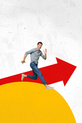Aufkleber - Composite trend artwork sketch image photo collage of miniature young guy businessman run fast huge arrow show direction way trader success