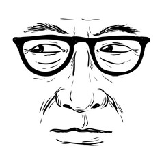 Wall Mural - Drawing sketch style illustration of a man with glasses looking sideways front view on isolated background done in black and white line art.