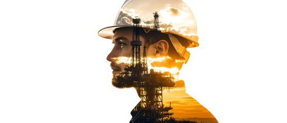 Aufkleber - Man in Hard Hat with Sunset Industrial Background