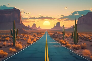 A beautiful road stretching in the middle of the desert with beautiful cacti