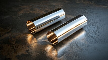 Two shiny metal tubes lie side by side on a textured surface.