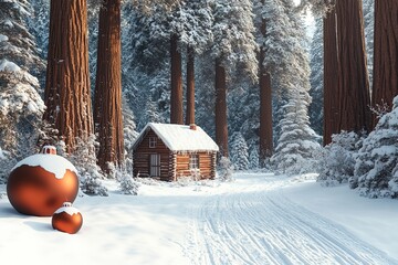 Snowy landscape with cabin and Christmas ornaments