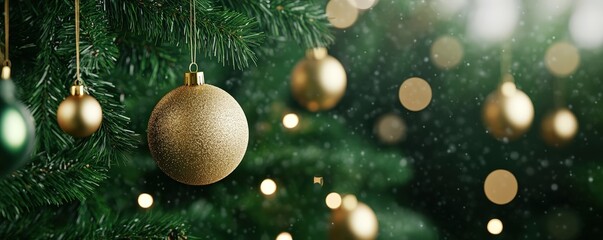 Close-up of Christmas baubles hanging on a green tree with beautiful bokeh lights.