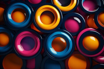 Poster - Minimalist composition of intersecting circles in diverse sizes and colors for optical effect