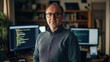 © Real People - A middle-aged Eastern European male stands confidently in an office setting, surrounded by computer screens, reflecting his role in software development and coding.