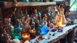 © Sunny - Illustration of occult magic magazine and shelf with various potions, bottles, poisons, crystals, salt. Alchemical medicine concept