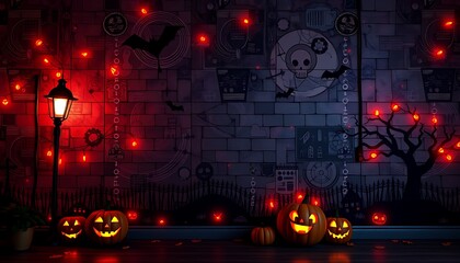 Poster - Halloween background with pumpkins and bats, wallpaper, banner.
