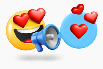 Poster - Emoji fall in love with Loudspeaker and speech cloud. 3d vector illustration