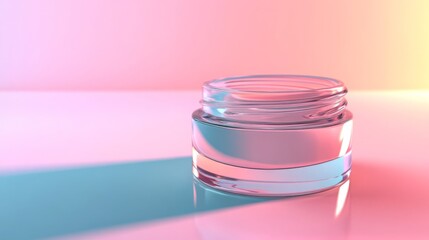 Poster - A clear glass jar sits on a smooth surface, illuminated by vibrant pink and blue hues. The light creates gentle reflections, enhancing the jar's design in this tranquil and artistic space.