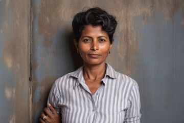 Wall Mural - Portrait of a glad indian woman in her 50s wearing a breathable golf polo over bare concrete or plaster wall