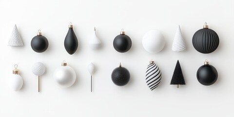 Poster - A collection of modern geometric Christmas ornaments in black and white tones on a plain white background, ideal for contemporary holiday decor.