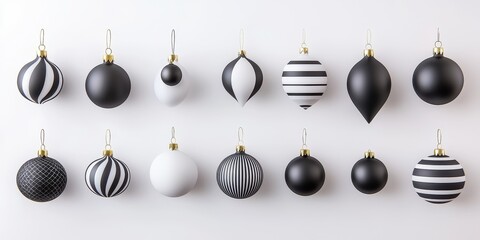 Poster - A collection of modern geometric Christmas ornaments in black and white tones on a plain white background, ideal for contemporary holiday decor.