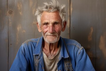 Portrait of a merry man in his 80s wearing a rugged jean vest while standing against bare concrete or plaster wall