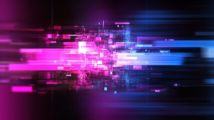 Poster - An abstract digital glitch effect with neon pink, purple, and cyan, creating a futuristic aesthetic.