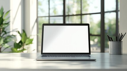 Aufkleber - A sleek laptop sits on a minimalist desk in a modern workspace, illuminated by natural light from large windows nearby. A potted plant and a holder with pens add aesthetic detail to the setting.