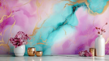 Poster - A vibrant marble pattern in colors like turquoise, gold, and magenta, creating a modern abstract design