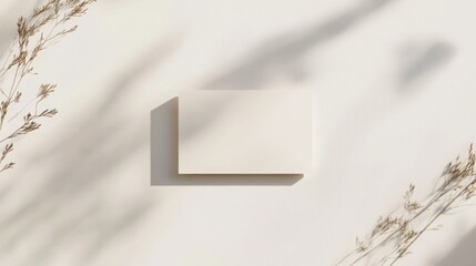 Leinwandbilder - A plain white rectangle is positioned on a light textured surface, surrounded by soft shadows from delicate plant elements. The composition emphasizes minimalism and natural light.