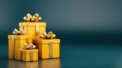 Collection of golden gift boxes with ribbons on a stylish background.