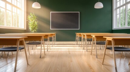 Poster - A quiet high school classroom with neatly arranged desks and a chalkboard at the front.