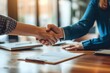 © creative - Concept Real Estate agent and customer shaking hands after finished contract about home insurance and investment loan realtor signing mortgage agreement for new home with couple of happy young clients